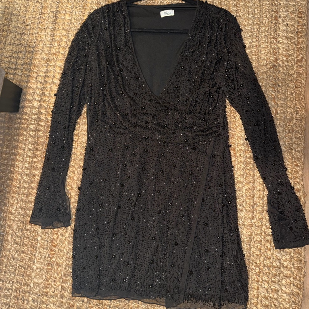 Oh Polly Chelsea Dress - Black Beaded Long Sleeve Wrap Mini Dress